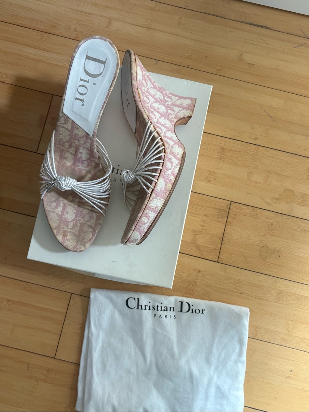 Dior Pink Monogram Knot-Trim Slide Mules Wedges Sandals